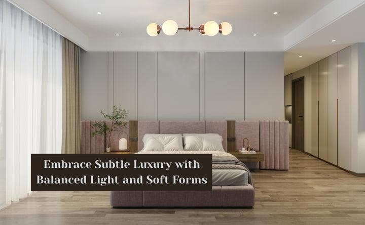 Brass chandelier with frosted glass globes mounted in a minimalist modern bedroom with soft lighting and balanced design.