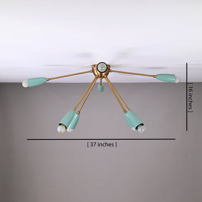 8-light mint green and brass chandelier radiating warm ambient light, ideal for modern living and dining areas with a cozy atmosphere