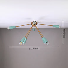 8-light mint green and brass chandelier radiating warm ambient light, ideal for modern living and dining areas with a cozy atmosphere