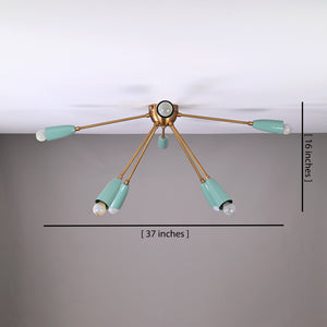 8-light mint green and brass chandelier radiating warm ambient light, ideal for modern living and dining areas with a cozy atmosphere