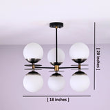 Modern flushmount chandelier with six opal glass globes showing 18 inch width and 20 inch height dimensions