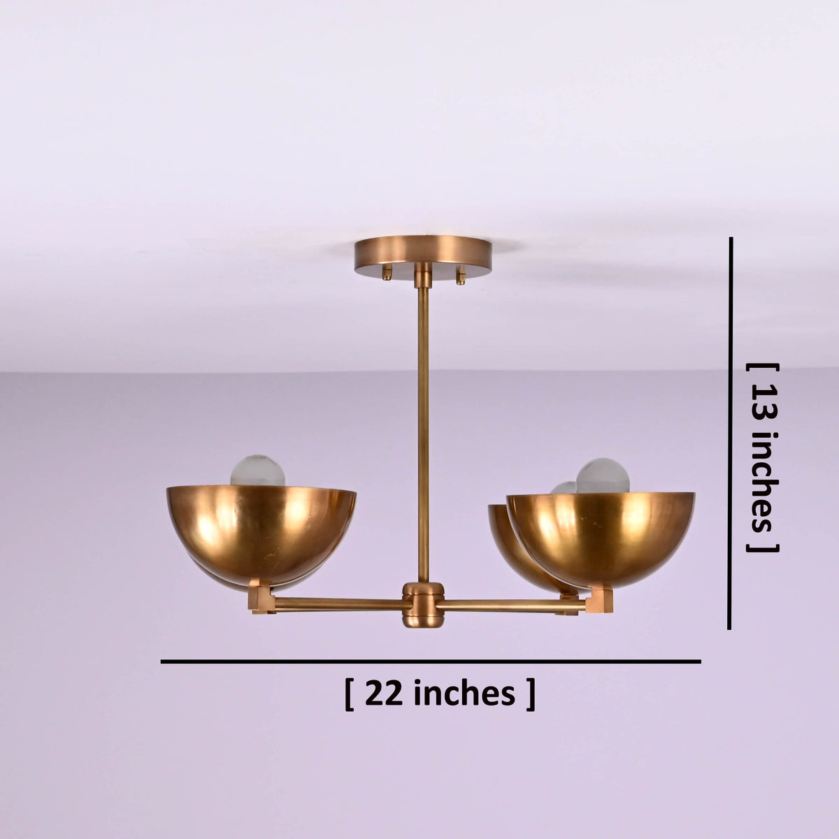 Brass flushmount chandelier with four bowl-shaped shades showing 22 inch width and 13 inch height dimensions