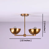 Brass flushmount chandelier with four bowl-shaped shades showing 22 inch width and 13 inch height dimensions