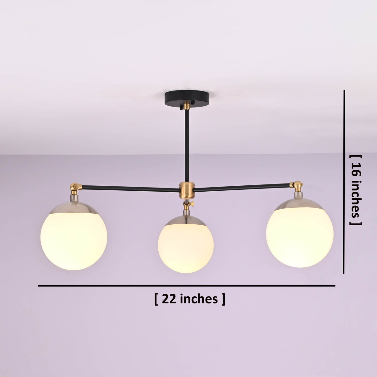 Brass and matte black 3-light chandelier with opal glass globes, shown with 22 x 16 inch dimensions