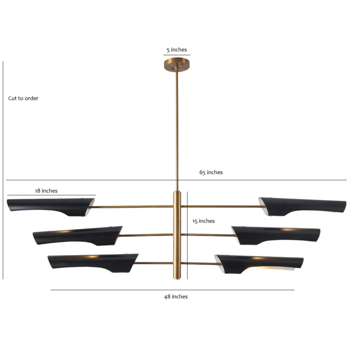 Dimension chart of modern brass linear chandelier showing 65-inch width, 15-inch height, and adjustable drop rod.