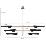Dimension chart of modern brass linear chandelier showing 65-inch width, 15-inch height, and adjustable drop rod.