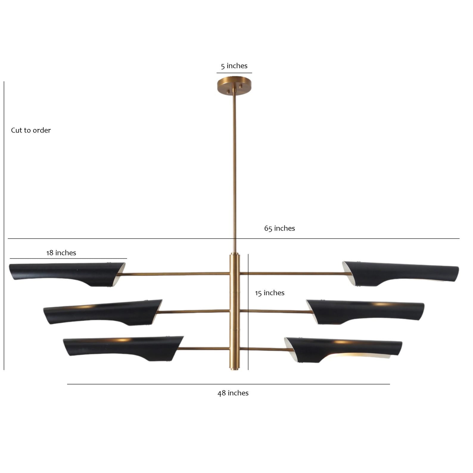 Size guide for Modern Linear Brass Chandelier with Black Shades – 6-Light Customizable Pendant by Brass Leaf Studio 62557