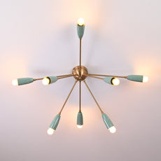 Detailed size guide of sputnik chandelier showing 37 inches width and 16 inches height with mint green shades and brass arms on a neutral ceiling