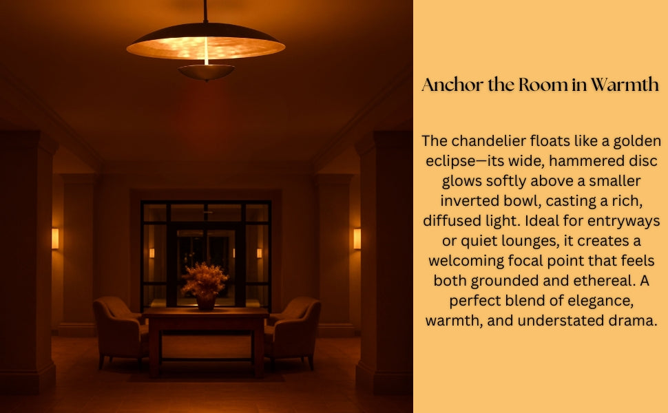 Slide of brass chandelier in a moody hallway setting, with copy highlighting warmth, elegance, and inviting ambiance