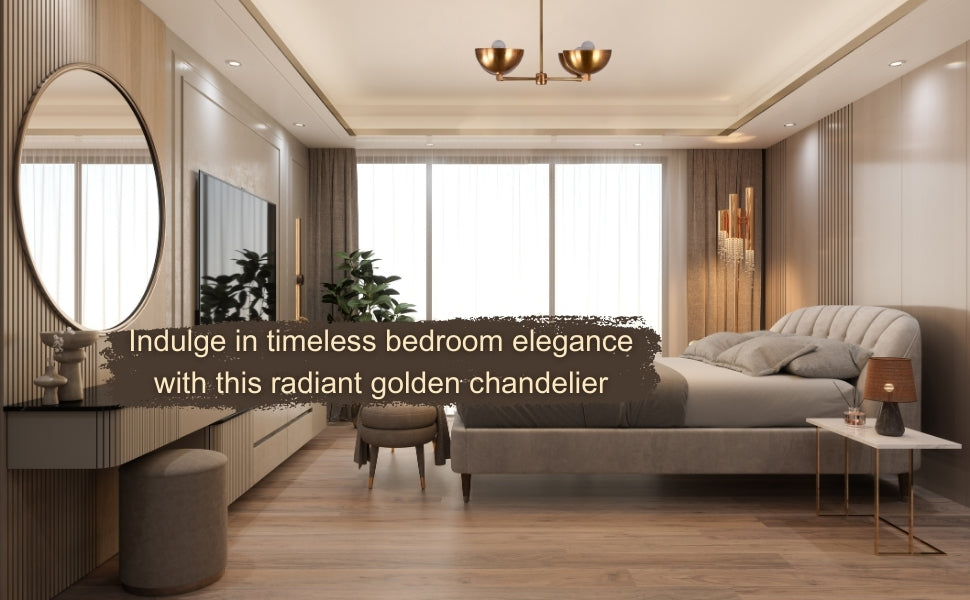Brass flushmount chandelier with bowl-shaped shades installed in a contemporary bedroom interior
