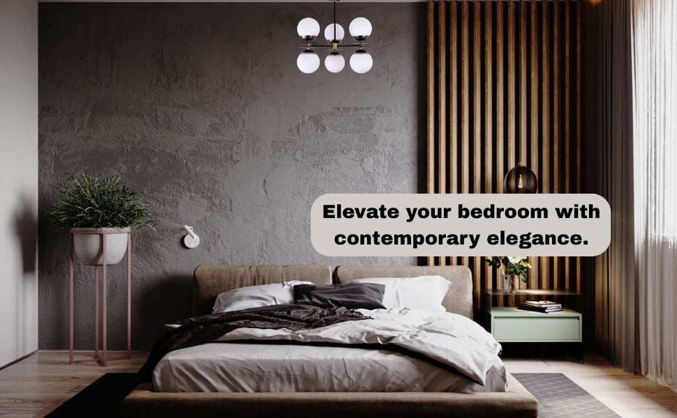 6-globe flushmount chandelier with brass and black accents installed in a contemporary bedroom