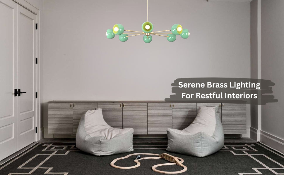 Green chandelier illuminating modern grey room with beanbags and play area