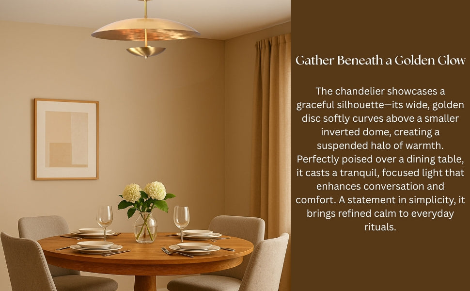 Slide showing chandelier suspended above a dining table with marketing text on warm, inviting glow and graceful silhouette