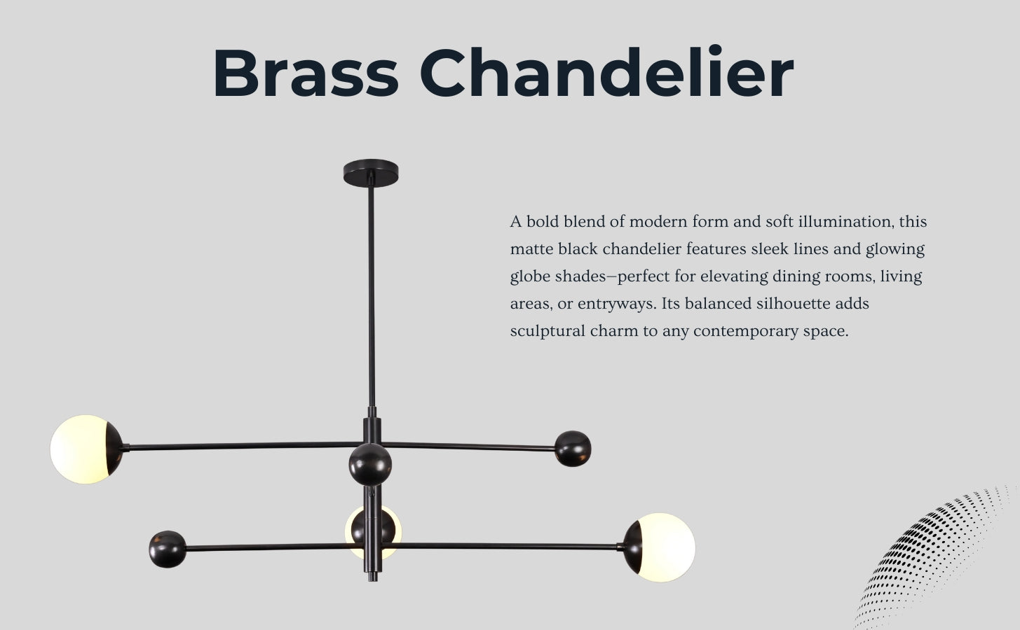 Brass chandelier hero shot with product description