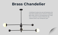 Brass chandelier hero shot with product description