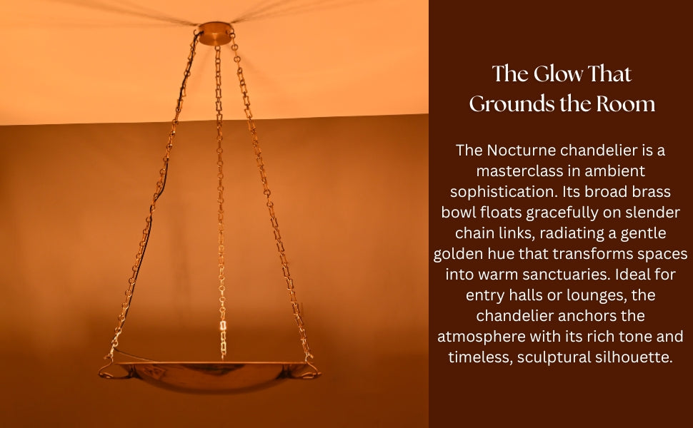 The Nocturne chandelier – glowing brass bowl chandelier suspended by chain with quote overlay
