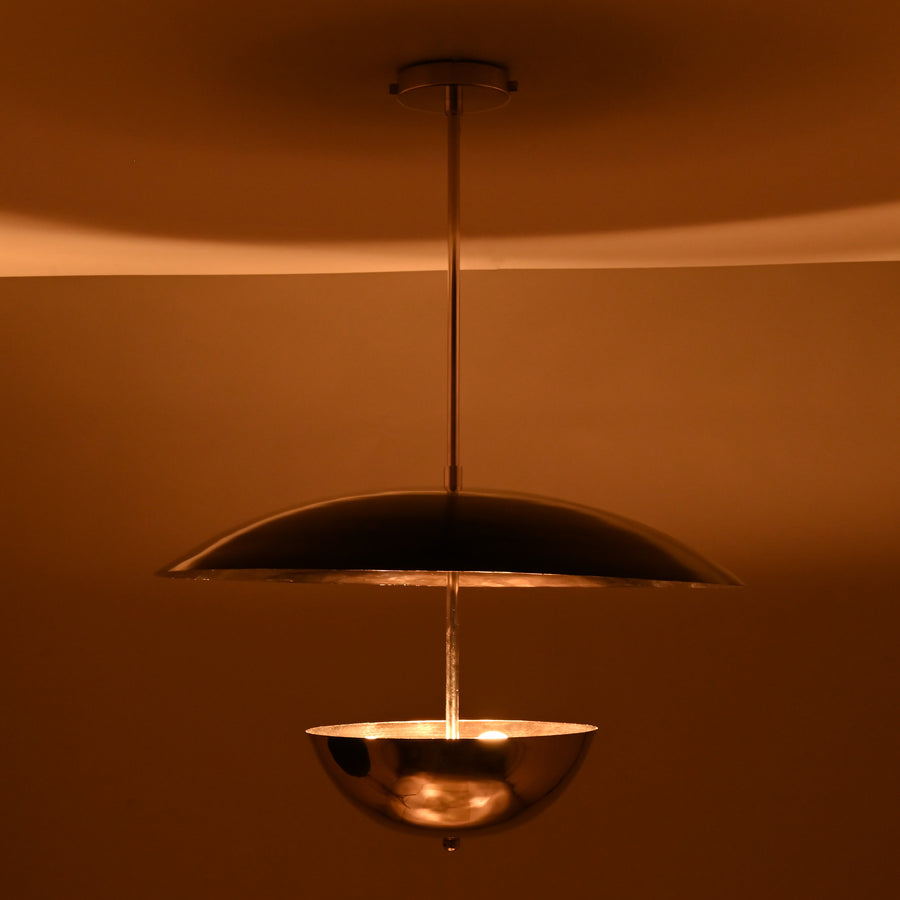 24-inch chrome brass disc chandelier with upper wide dome and lower polished bowl pendant
