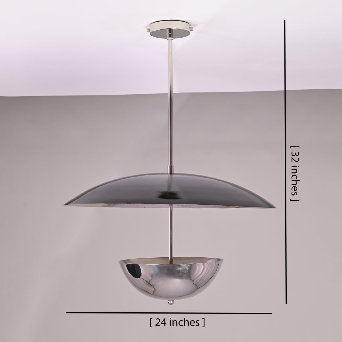 Chrome-plated brass disc chandelier showing 24-inch width and 32-inch height with suspended rod