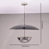 Chrome-plated brass disc chandelier showing 24-inch width and 32-inch height with suspended rod