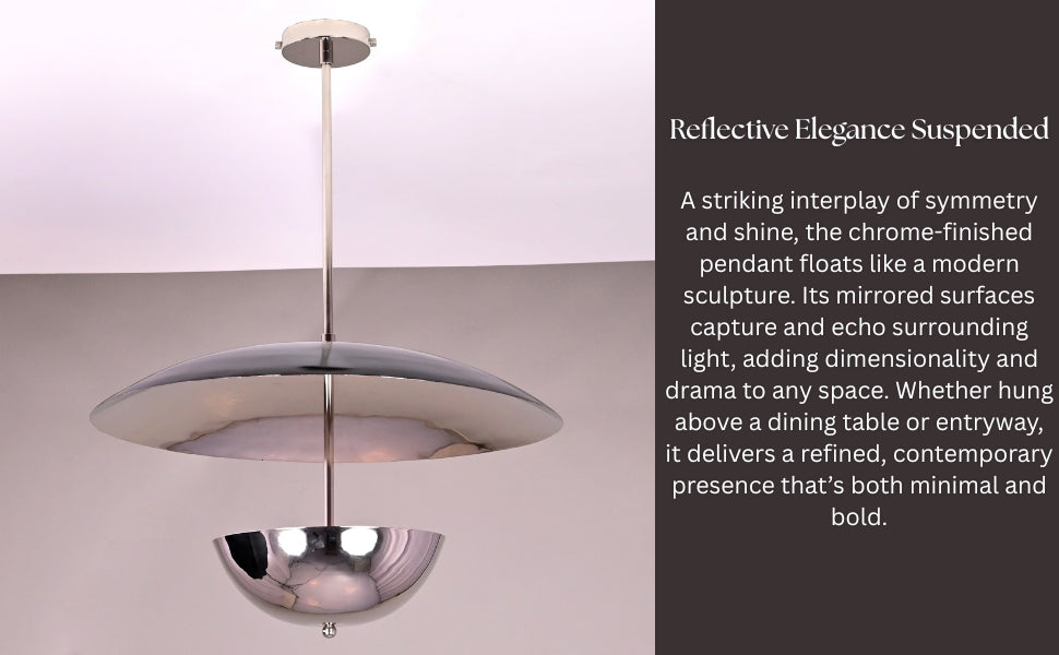 Chrome dome pendant chandelier with reflective finish, described as modern sculpture in minimal interiors