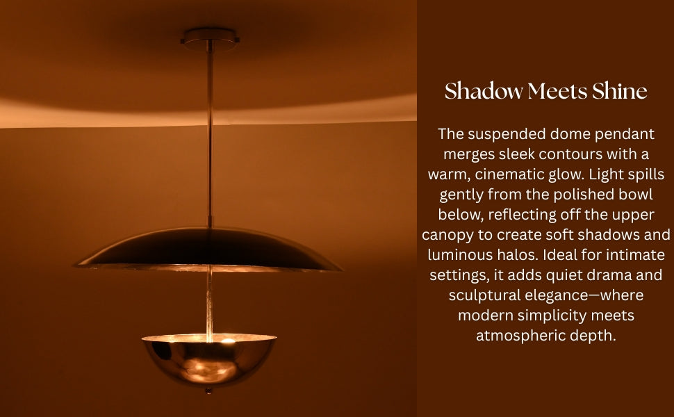 Close-up of double-dome chrome pendant chandelier, showcasing polished reflective surface and symmetry