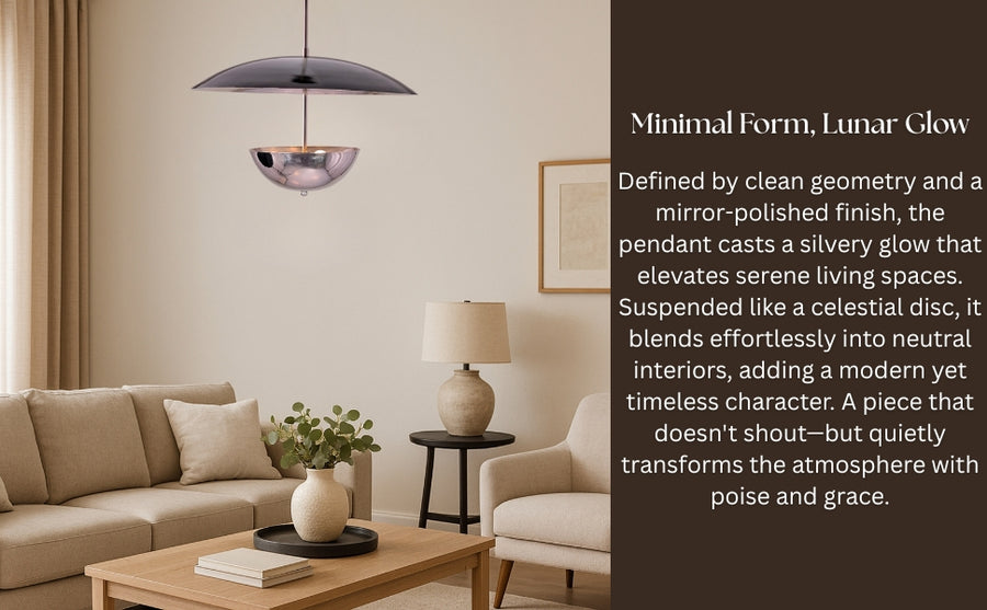 Chrome pendant chandelier glowing warmly above a bed, adding intimate elegance to bedroom décor