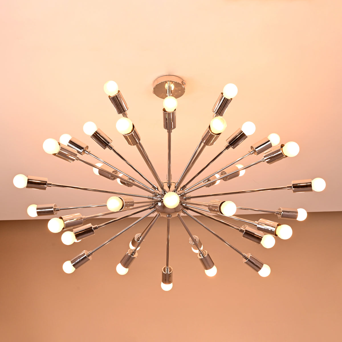 Close-up view of 36-light Sputnik chandelier showing polished chrome finish and reflective brass detailing