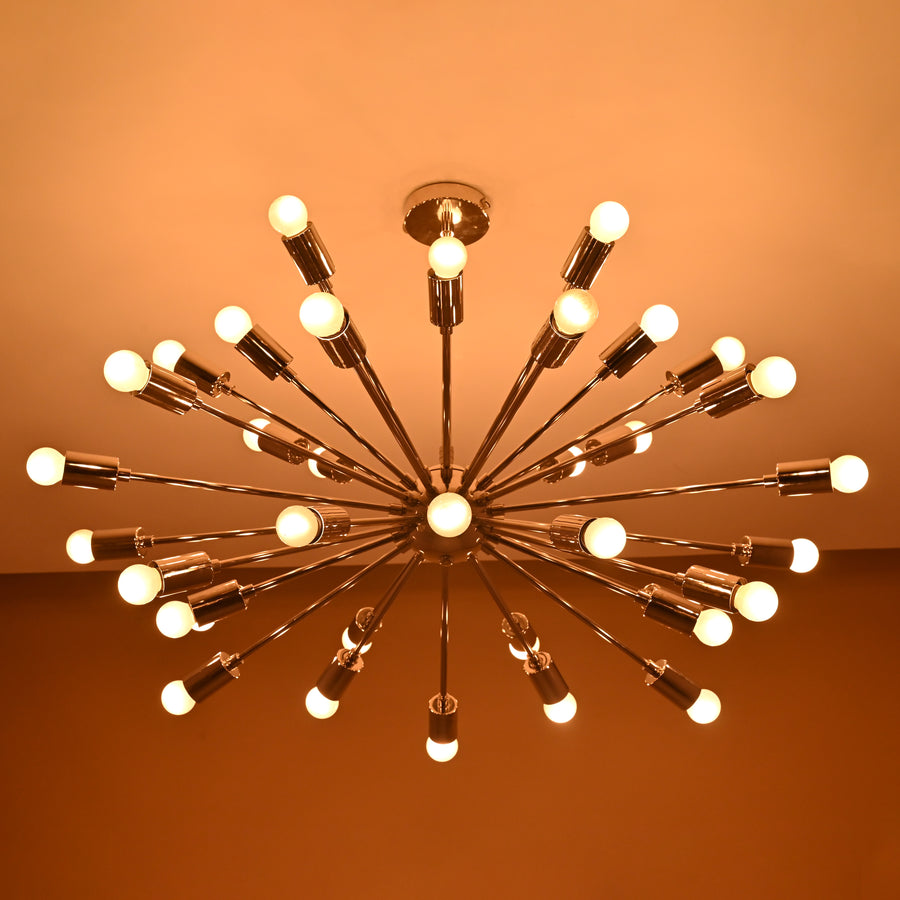 Illuminated modern 34-light Sputnik chandelier in polished brass chrome finish