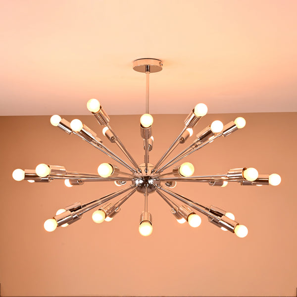 Illuminated 36-light chrome Sputnik chandelier casting warm ambient glow in a modern interior space