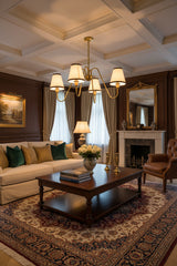 Classic 4-light chandelier with brass frame and fabric lampshades for dining room, bedroom, and living room lighting