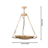 Closeup of classic brass bowl chandelier showing shallow dish shade, chain supports, round canopy, and polished reflective finish