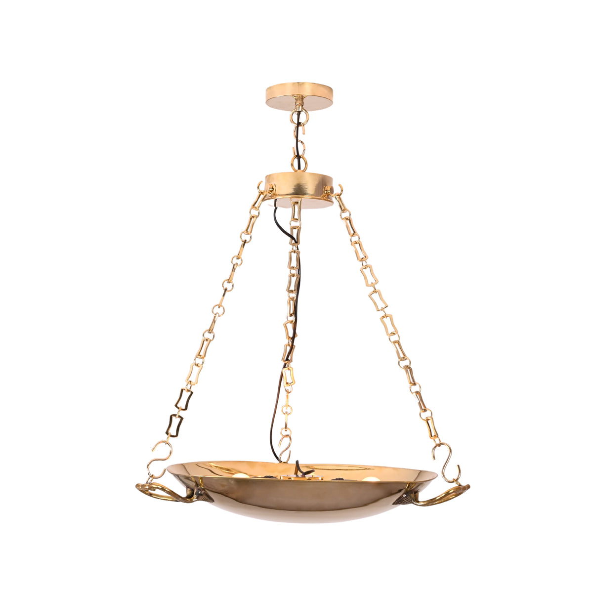 Classic hanging bowl light fixture with brass chain details and polished finish for dining room, entryway, and living room décor