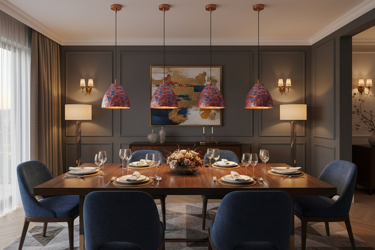 Colorful copper dome pendant lamp above a dining table with warm focused light and artistic shade design