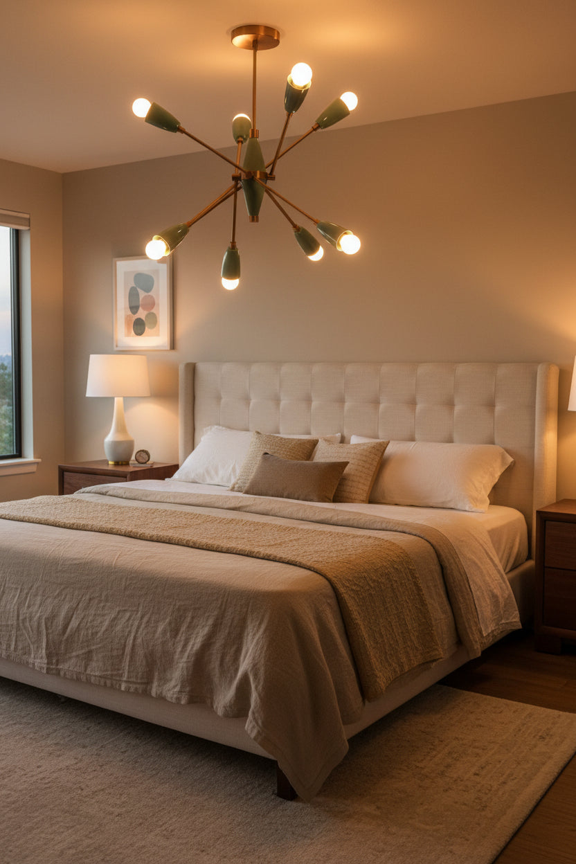 Closeup of compact Sputnik chandelier showing glossy mint green shades, solid brass detailing, and exposed bulb design