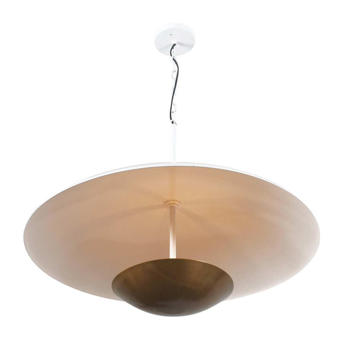 Bottom view of modern brass bowl chandelier with white dome shade, showcasing artistic symmetry and warm ambient glow.