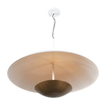 Bottom view of modern brass bowl chandelier with white dome shade, showcasing artistic symmetry and warm ambient glow.