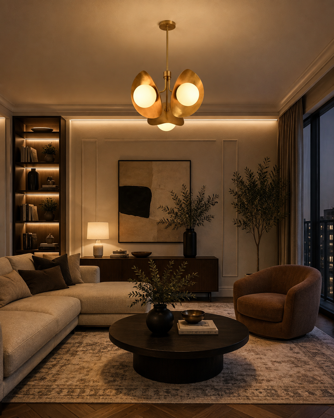 Copenhagen Lotus 3-light globe chandelier with brass petal reflectors and opal globes installed in a warm bedroom interior