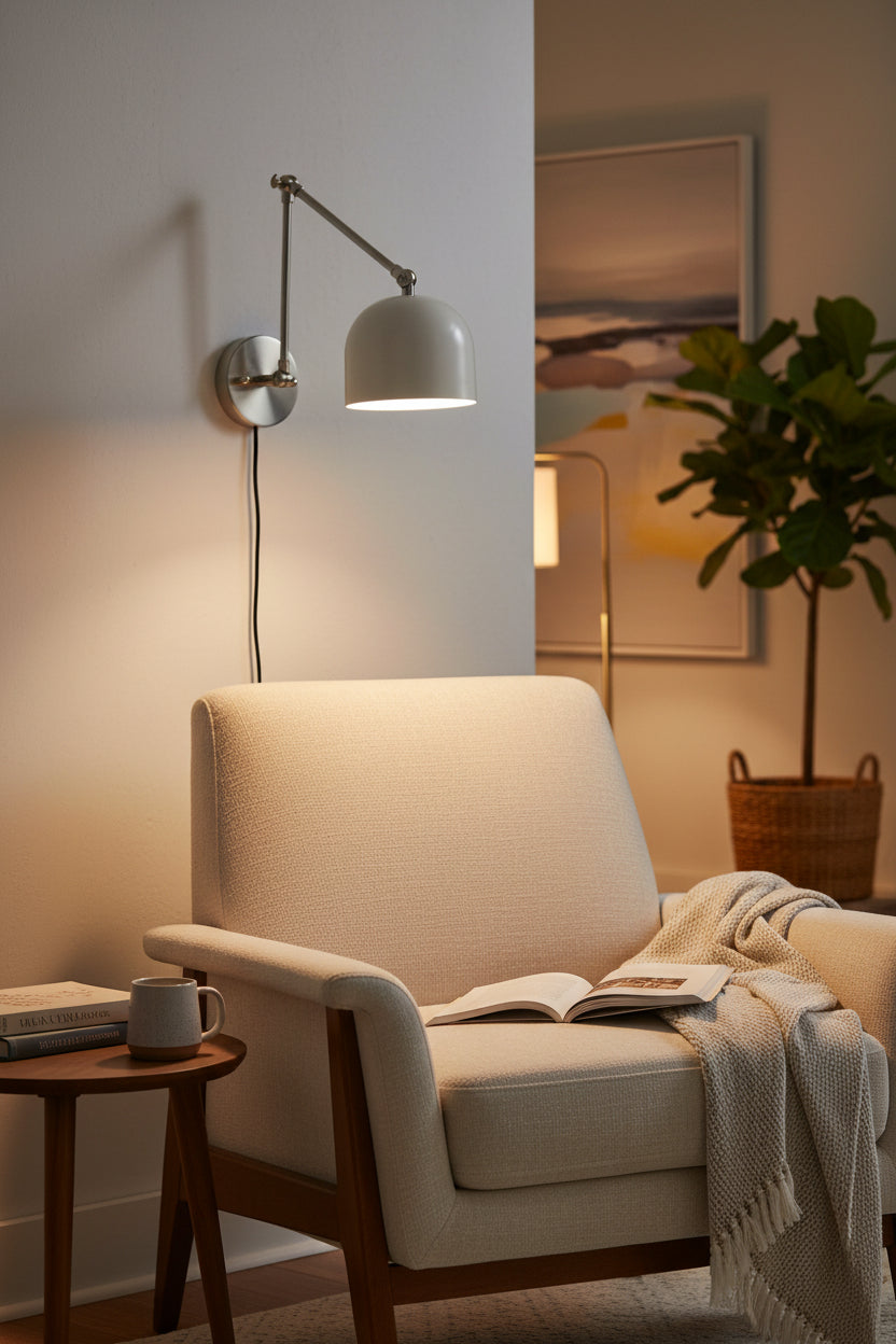 Copenhagen wall sconce dimension view showing 17 inch projection and 8 inch height with adjustable articulated arm