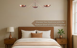 Copper 3-light bowl shade chandelier adding warmth to a bedroom with brown and neutral décor.
