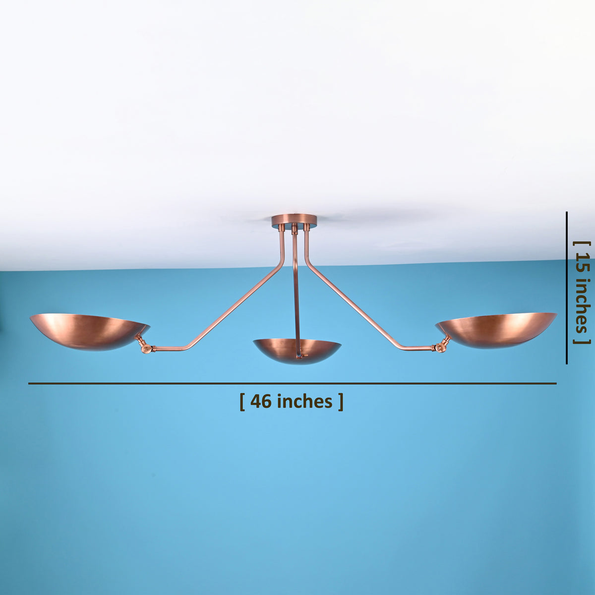 Copper 3-light bowl shade flushmount chandelier showing dimensions of 46 inches width and 15 inches height