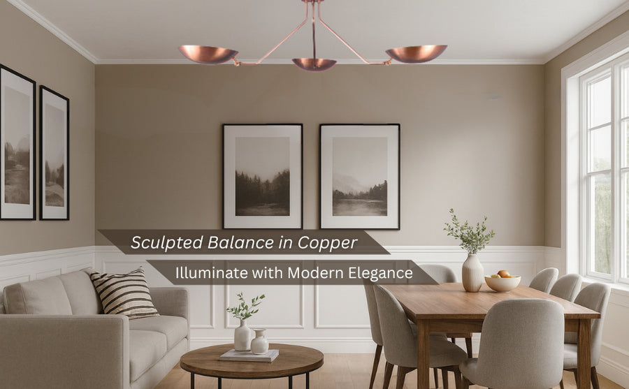 Copper 3-light flushmount chandelier with bowl shades hanging in a modern dining and living area.