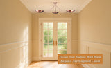 Copper 3-light bowl shade chandelier in a bright hallway with double glass doors.