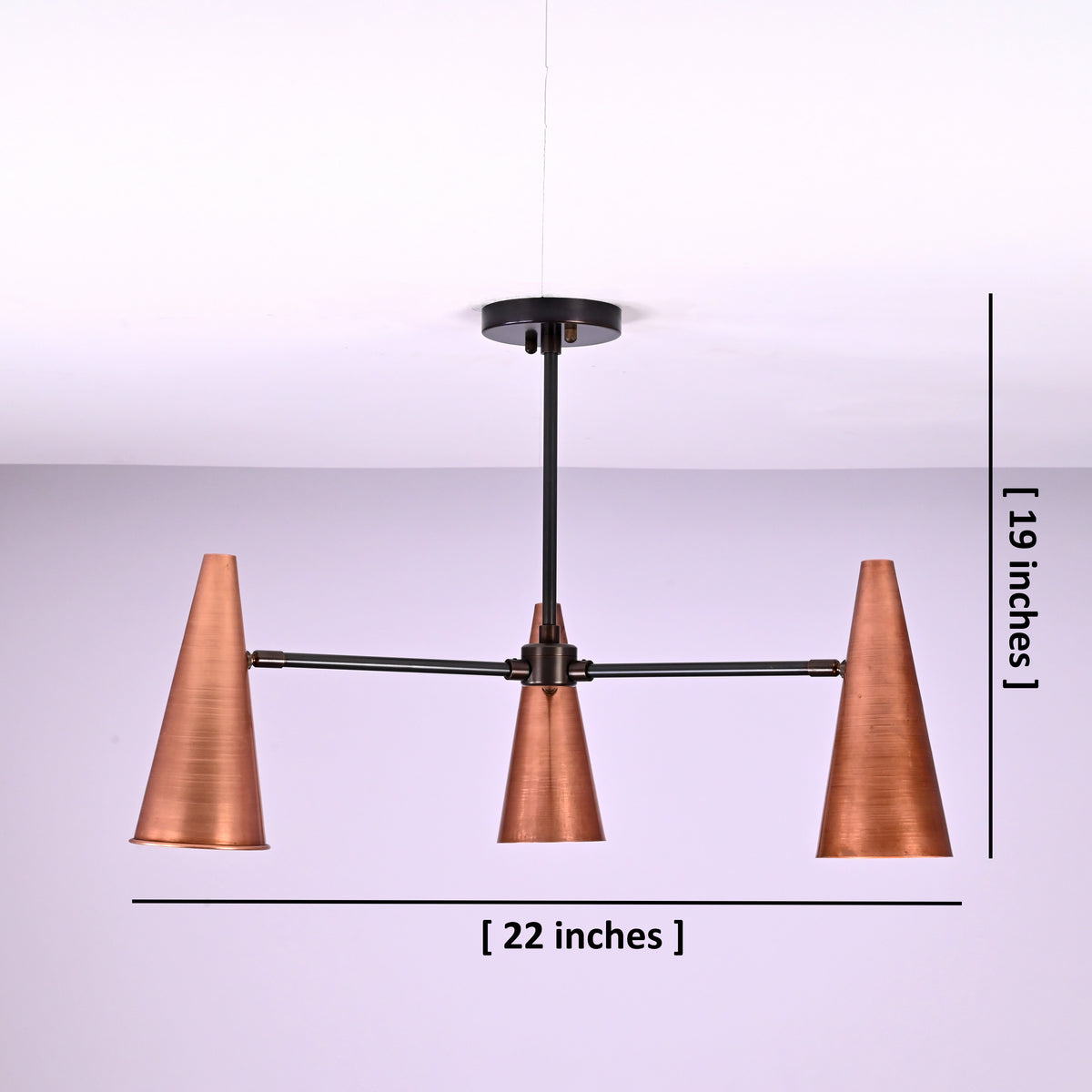 Copper cone chandelier showing 22 inch width and 19 inch height, three light modern ceiling design