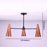 Copper cone chandelier showing 22 inch width and 19 inch height, three light modern ceiling design