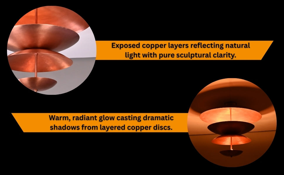Lit copper chandelier at night, casting layered shadows and warm light in concentric tiers