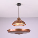 Underside view of handcrafted copper disc chandelier highlighting solid brass construction and smooth bowl form