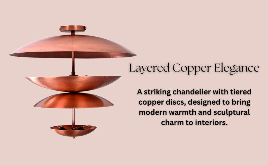 Flush mount chandelier with exposed bulbs nestled between sculpted copper tiers