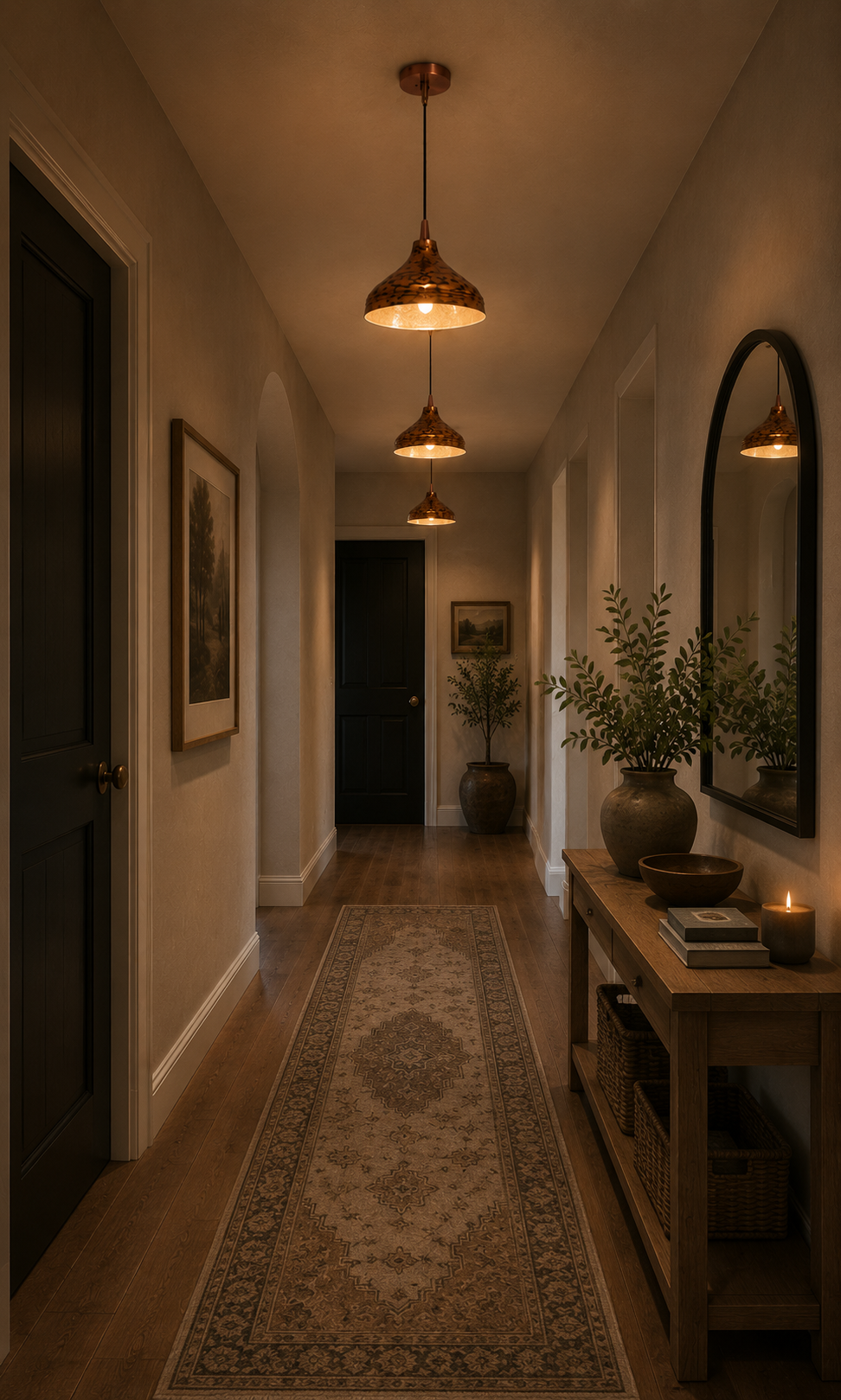 Copper dome pendant light dimension view showing 44.5 inch overall height and 14 inch shade diameter