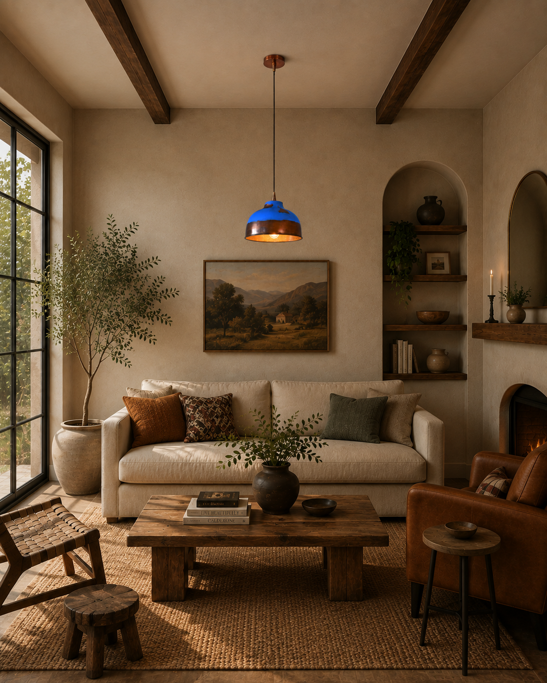 Closeup of solid copper dome pendant shade with blue painted finish and exposed copper surface texture