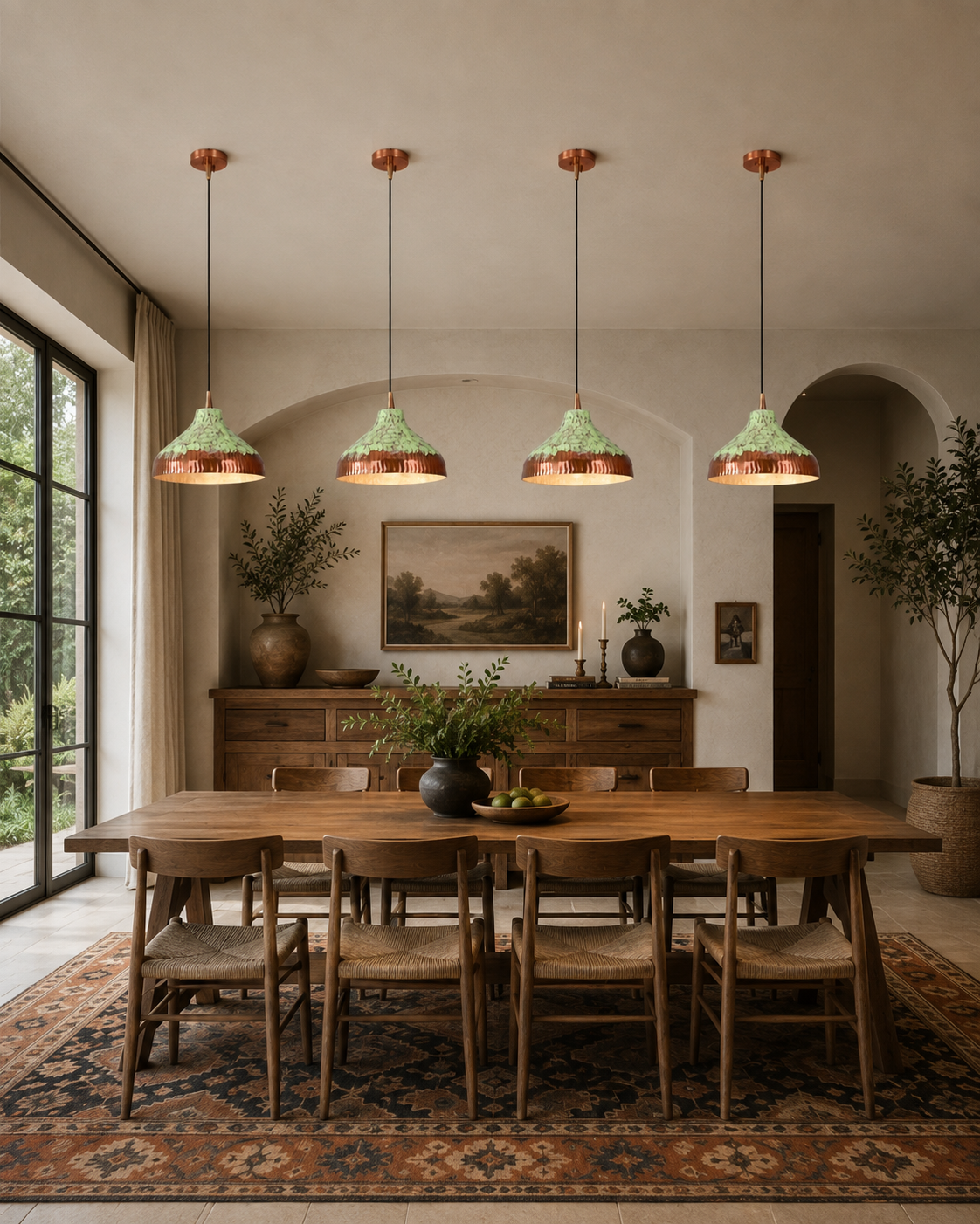 Copper green patina dome pendant light installed above a kitchen island with warm downward glow and elegant interior styling